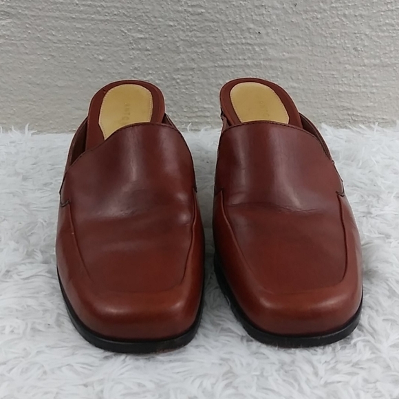 Antonio Melani Brown Leather Upper Square Toe Mid Blocked Heel Slip On Mule Shoe - Picture 2 of 12